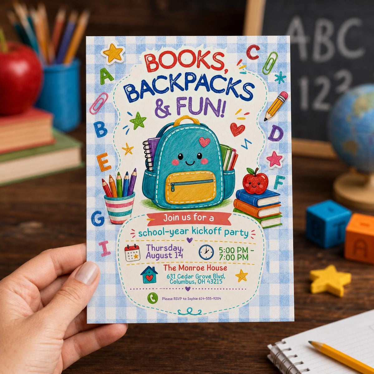 Watercolor First Day of School Invitation — print-ready back-to-school event design from VoltBy