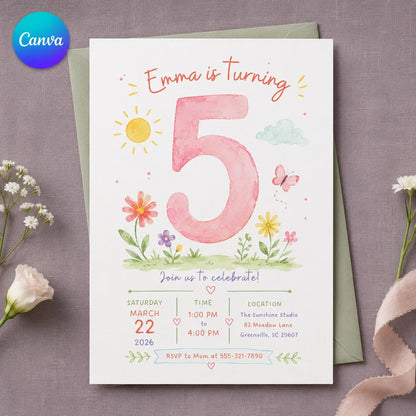 Watercolor Floral 5th Birthday Girl Invitation — editable Canva template