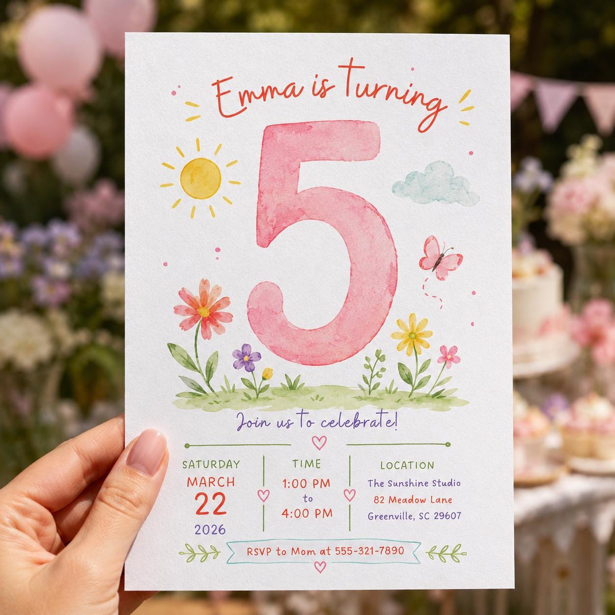 Watercolor Floral 5th Birthday Girl Invitation — invitation you personalize in Canva