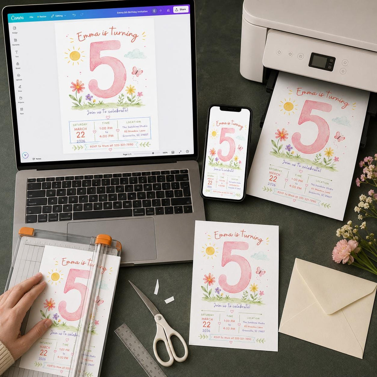 Watercolor Floral 5th Birthday Girl Invitation — print-ready 5th birthday party design from VoltBy