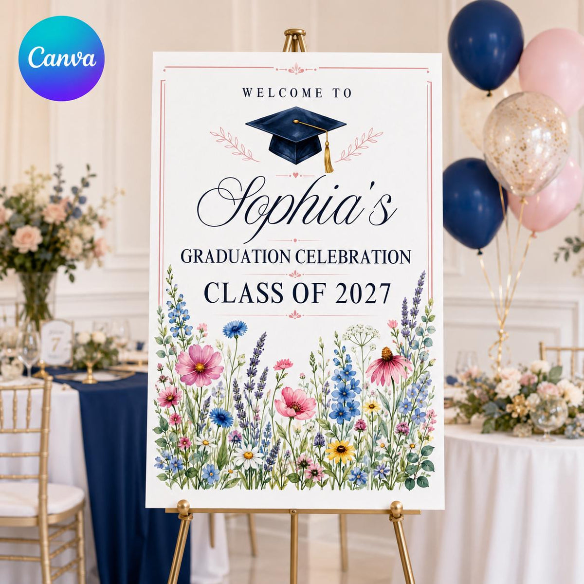 Watercolor Floral Graduation Welcome Sign — editable Canva template
