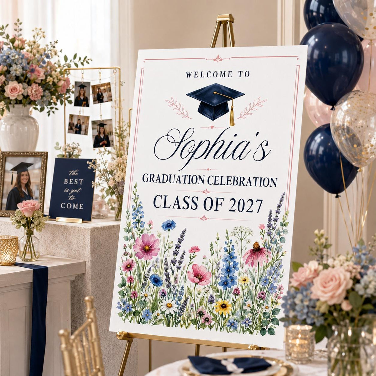 Watercolor Floral Graduation Welcome Sign — wildflower design