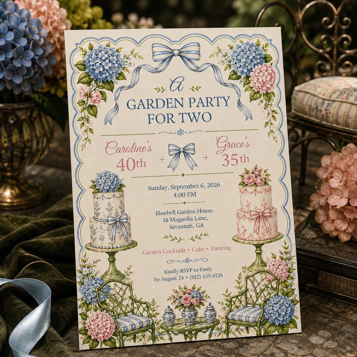Watercolor Floral Joint Birthday Invitation Garden Party — birthday party stationery by VoltBy