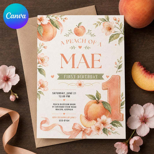 Watercolor Floral Peach First Birthday Invitation — editable Canva template