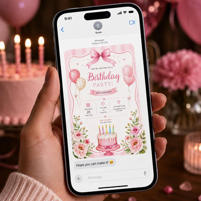 Watercolor Floral Pink Birthday Invitation — bow design
