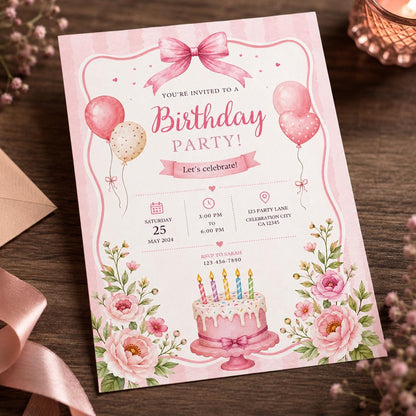 Watercolor Floral Pink Birthday Invitation — digital invitation, instant download