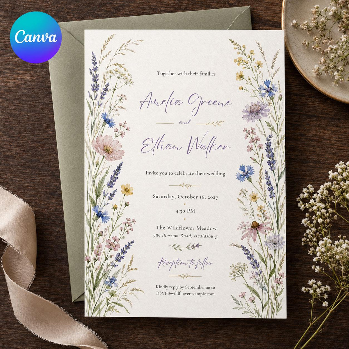 Watercolor Floral Wildflower Wedding Invitation — editable Canva template