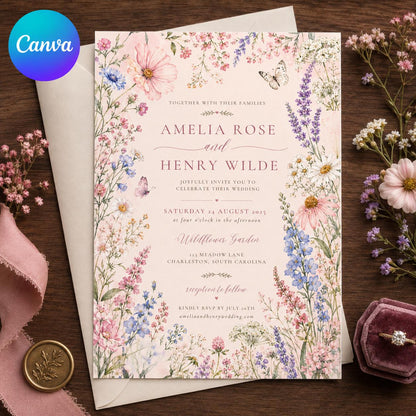 Watercolor Floral Wildflower Wedding Invitation: Romantic Garden Floral Butterfly — editable Canva template