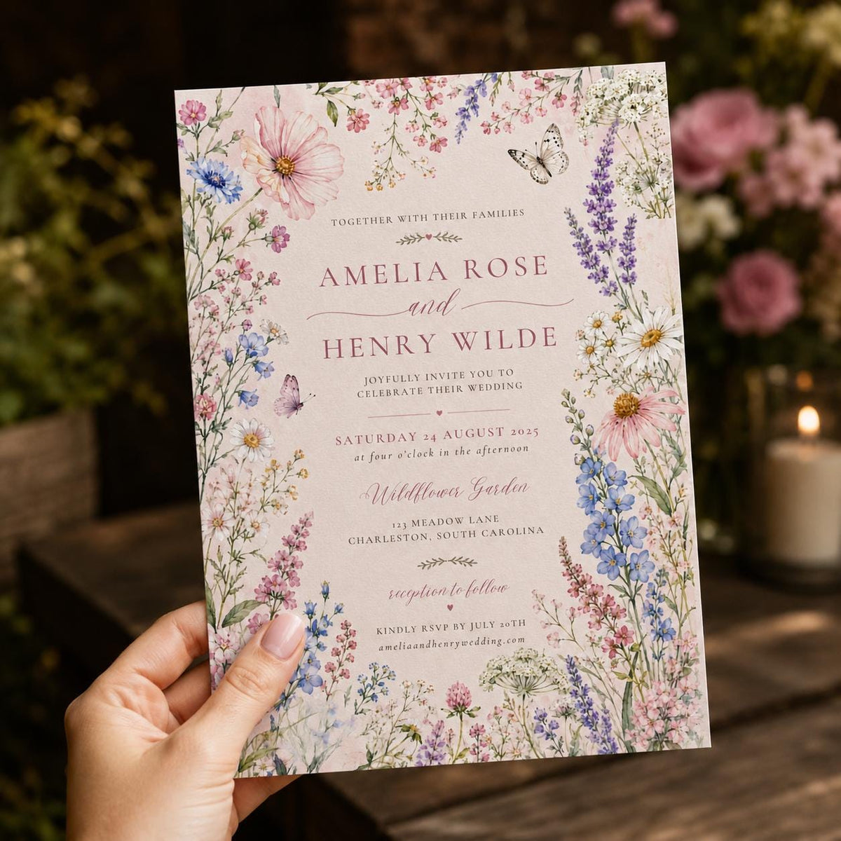 Watercolor Floral Wildflower Wedding Invitation: Romantic Garden Floral Butterfly — boho wedding design