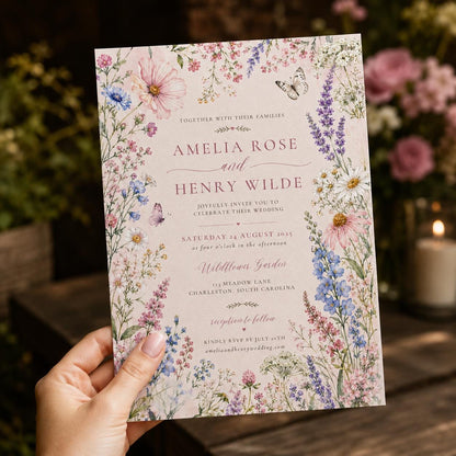 Watercolor Floral Wildflower Wedding Invitation: Romantic Garden Floral Butterfly — boho wedding design