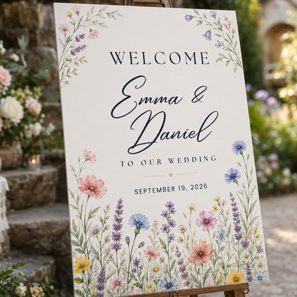 Watercolor Floral Wildflower Wedding Welcome Sign — print-ready wedding design from VoltBy