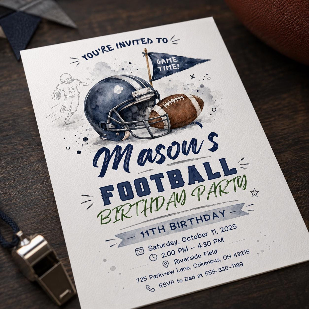 Watercolor Football 11th Birthday Invitation for Boys — sports design
