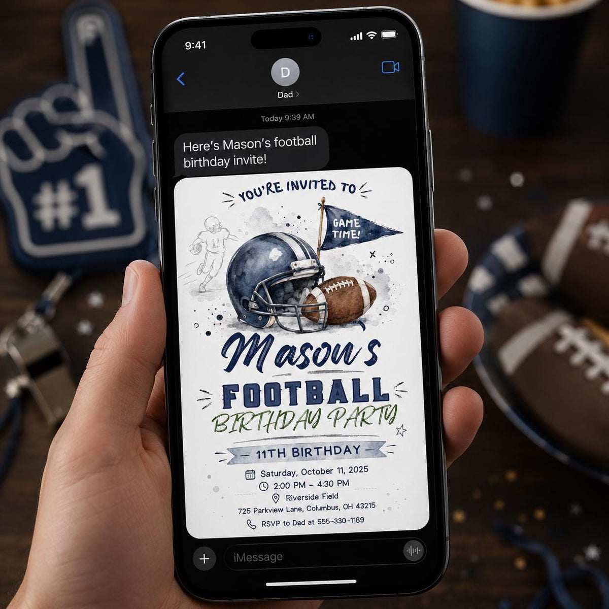 Watercolor Football 11th Birthday Invitation for Boys — invitation you personalize in Canva