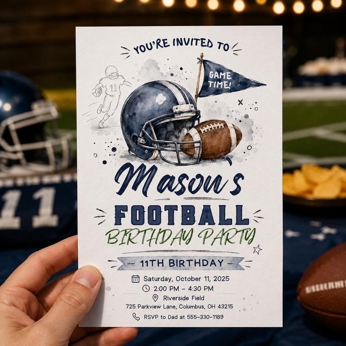 Watercolor Football 11th Birthday Invitation for Boys — print-ready 11th birthday party design from VoltBy