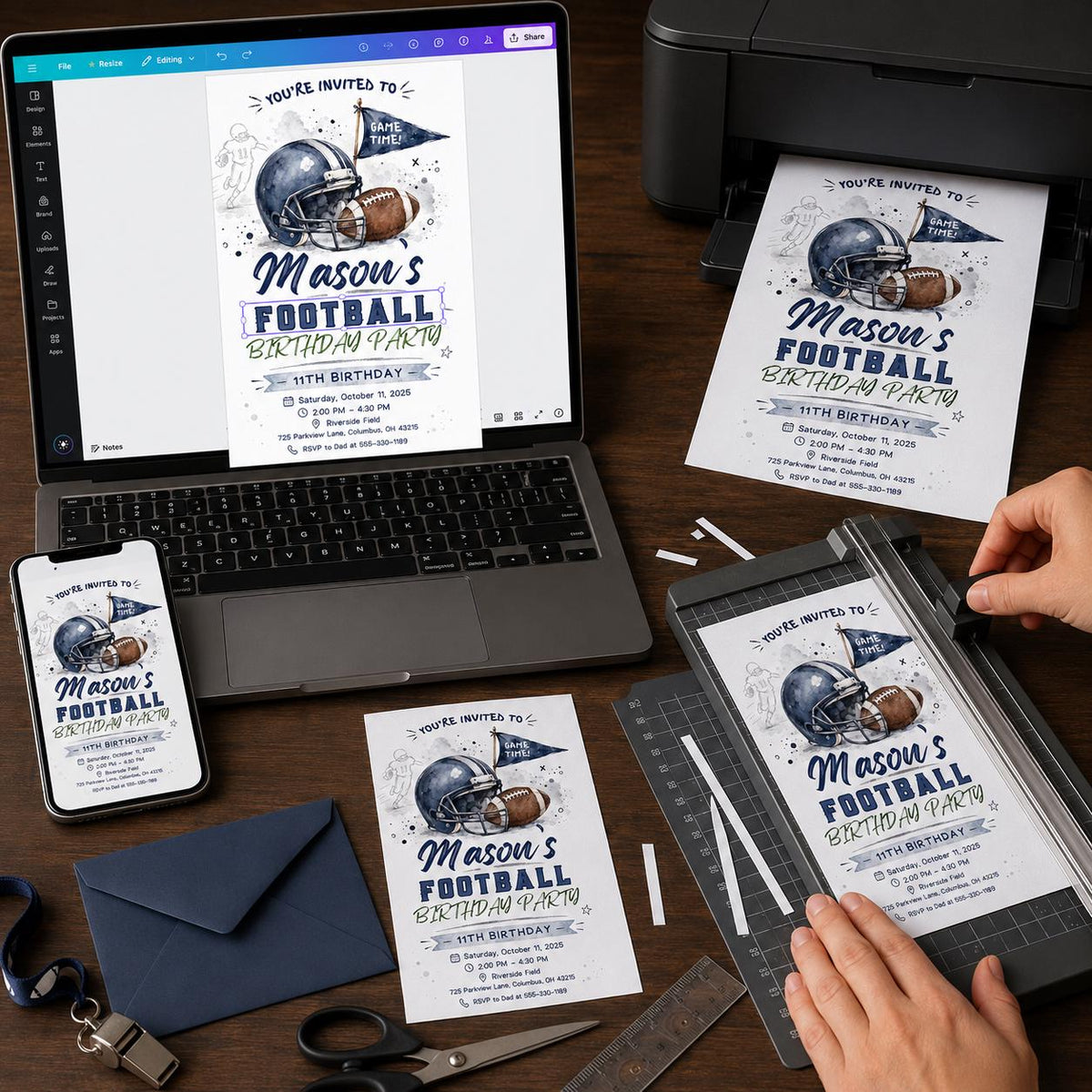 Watercolor Football 11th Birthday Invitation for Boys — digital invitation, instant download