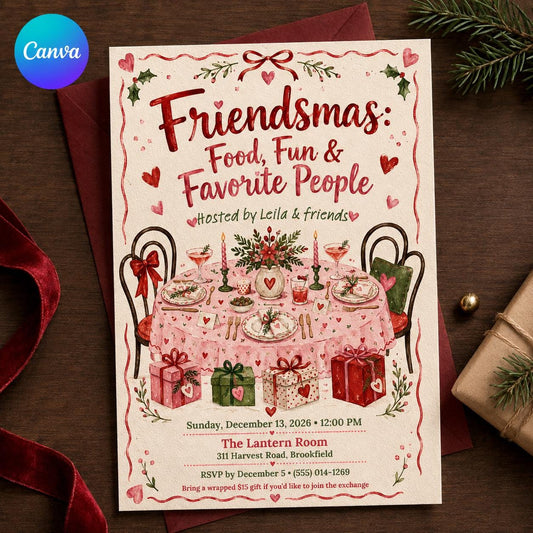 Watercolor Friendsmas Christmas Party Invitation for Girls — editable Canva template
