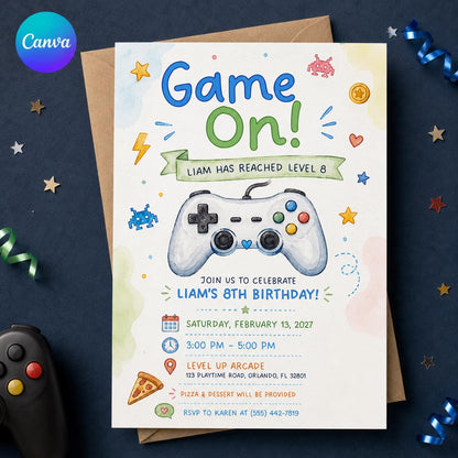 Watercolor Gaming 8th Birthday Invitation — editable Canva template
