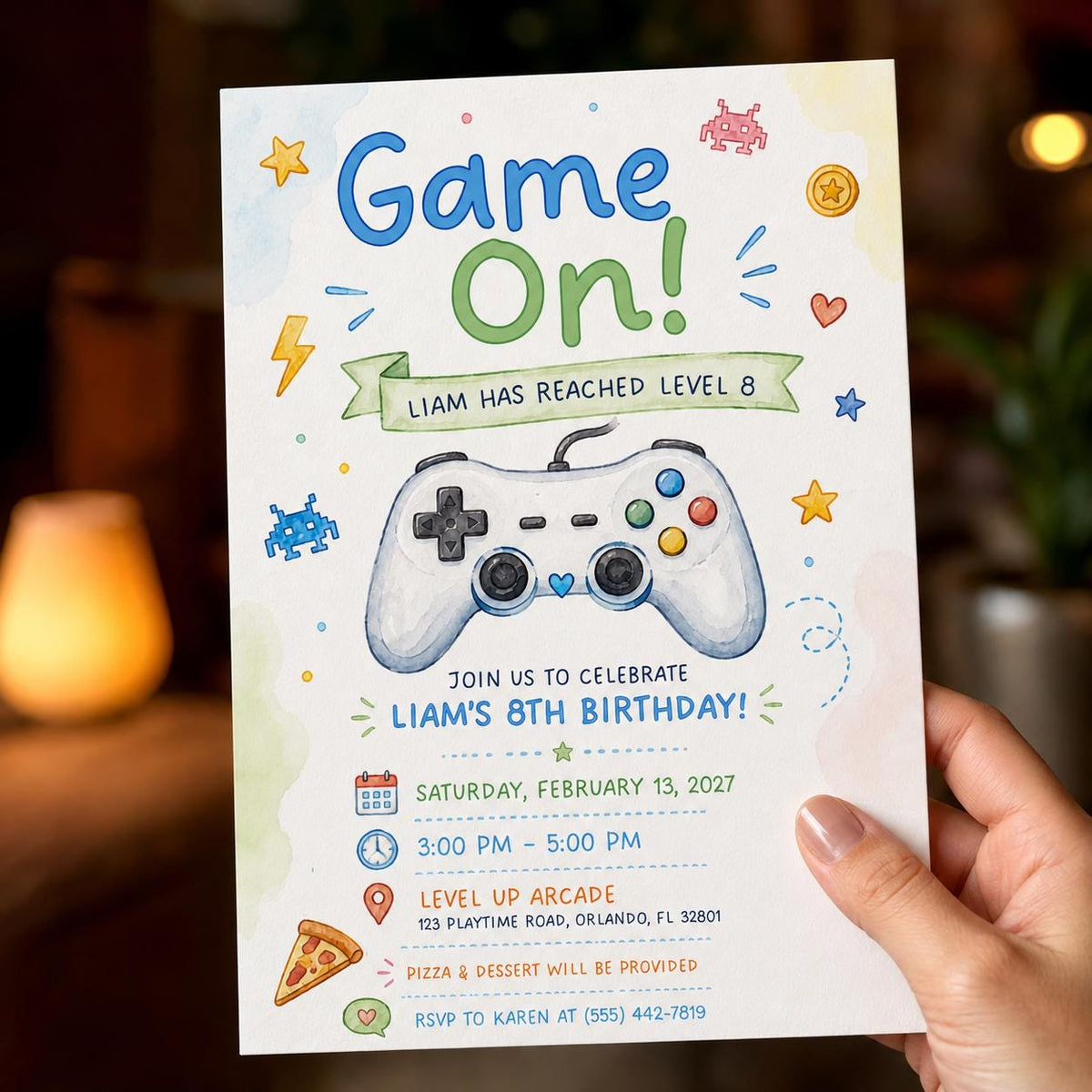 Watercolor Gaming 8th Birthday Invitation — print-ready 8th birthday party design from VoltBy