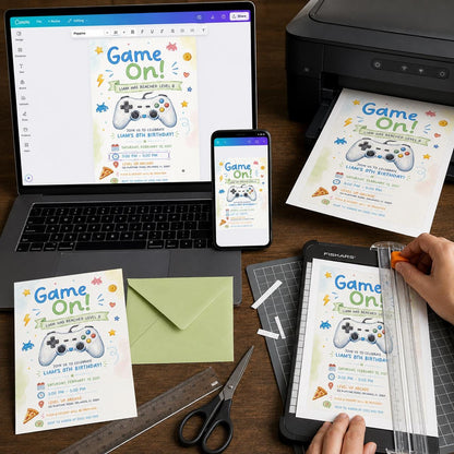 Watercolor Gaming 8th Birthday Invitation — digital invitation, instant download