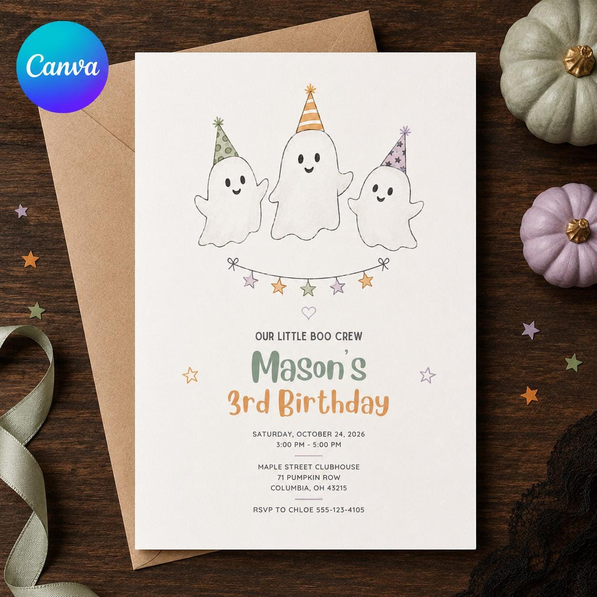 Watercolor Ghost 3rd Birthday Invitation — editable Canva template