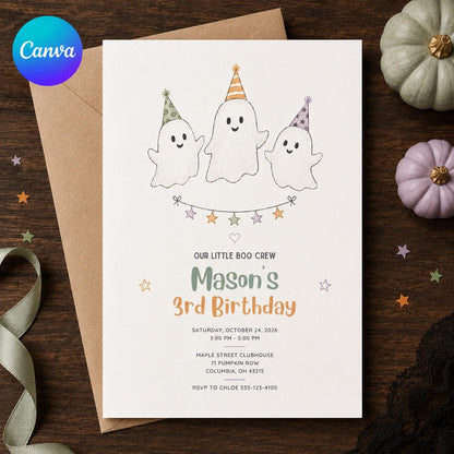 Watercolor Ghost 3rd Birthday Invitation — editable Canva template