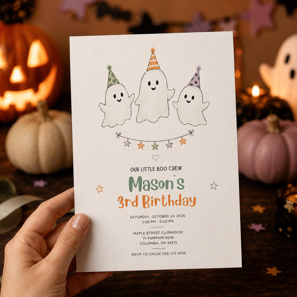 Watercolor Ghost 3rd Birthday Invitation — print-ready 3rd birthday party design from VoltBy