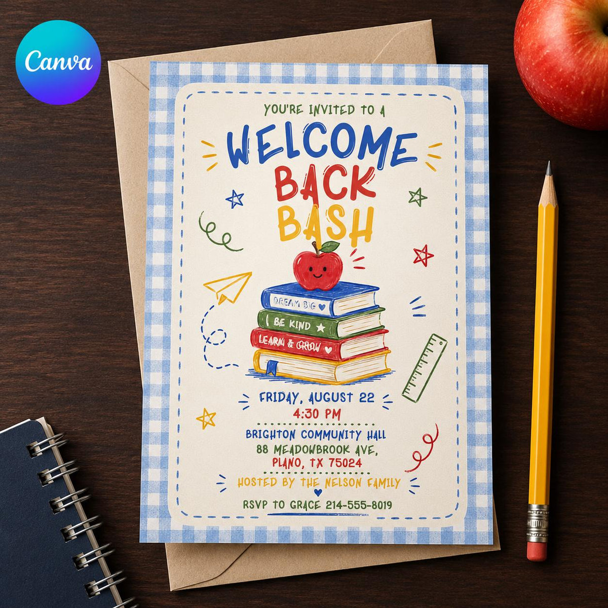 Watercolor Gingham Welcome Back to School Bash Invitation — editable Canva template