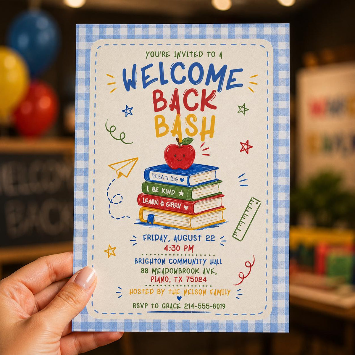 Watercolor Gingham Welcome Back to School Bash Invitation — invitation you personalize in Canva