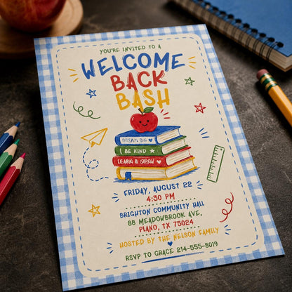 Watercolor Gingham Welcome Back to School Bash Invitation — digital invitation, instant download