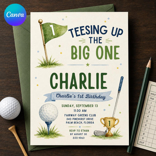 Watercolor Golf First Birthday Invitation — editable Canva template
