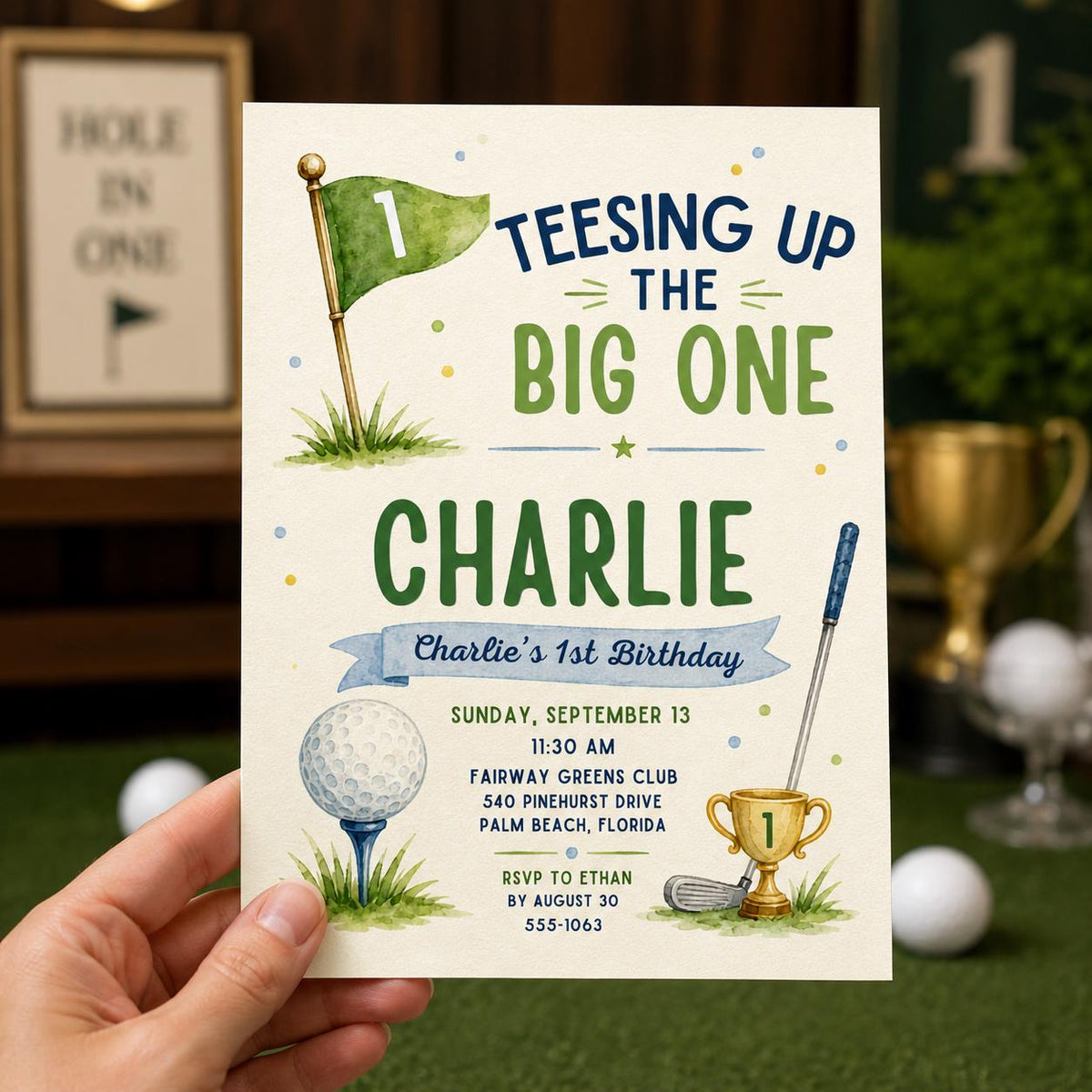 Watercolor Golf First Birthday Invitation — print-ready first birthday design from VoltBy