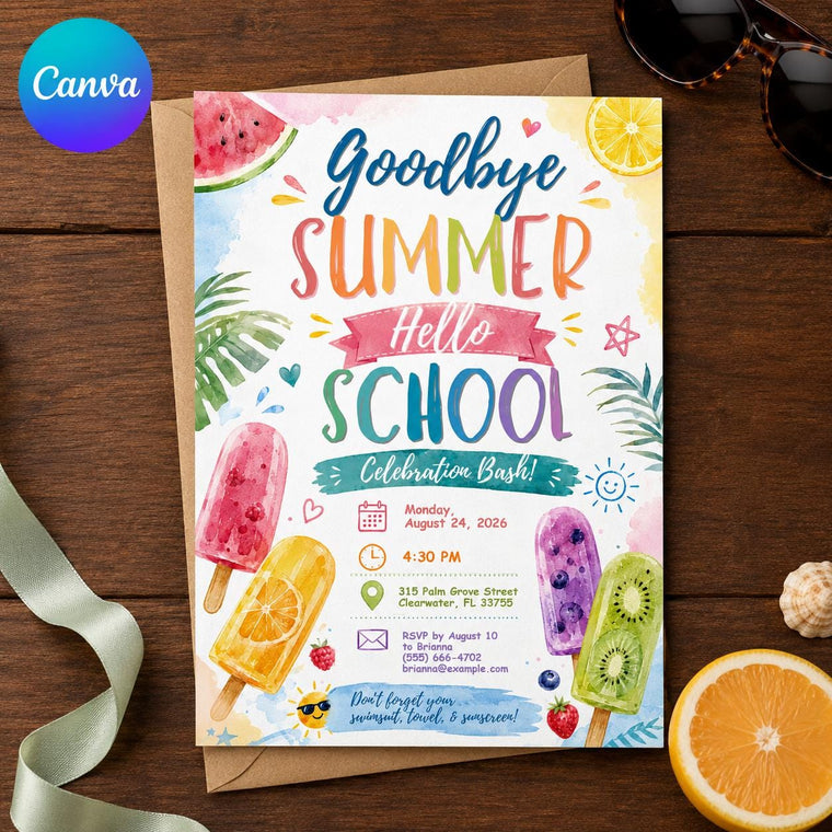 Watercolor Goodbye Summer, Hello School Invitation