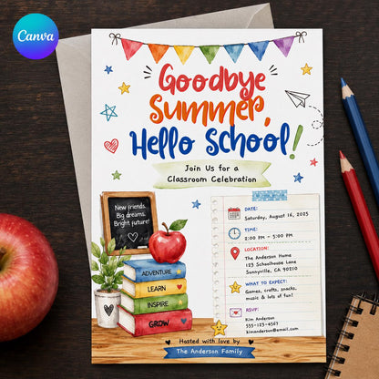 Watercolor Goodbye Summer Hello School Party Invitation — editable Canva template