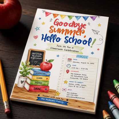 Watercolor Goodbye Summer Hello School Party Invitation — invitation you personalize in Canva