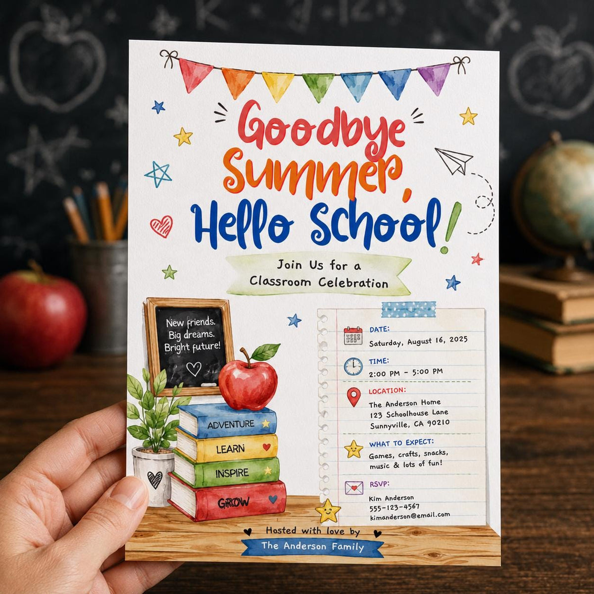 Watercolor Goodbye Summer Hello School Party Invitation — digital invitation, instant download