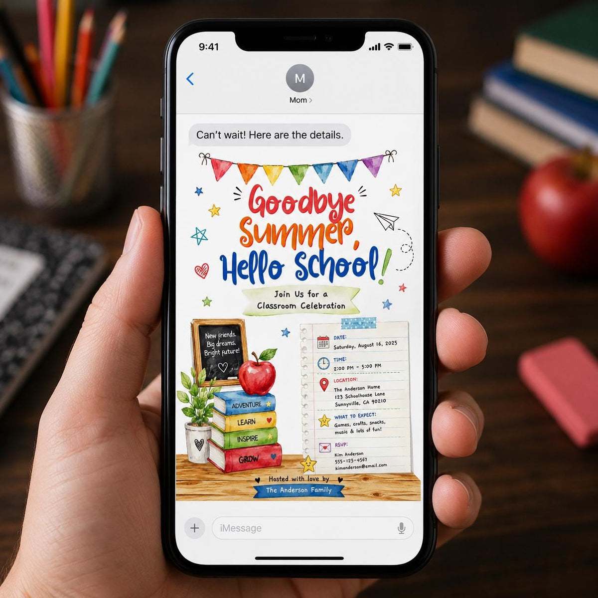 Watercolor Goodbye Summer Hello School Party Invitation — back-to-school event stationery by VoltBy