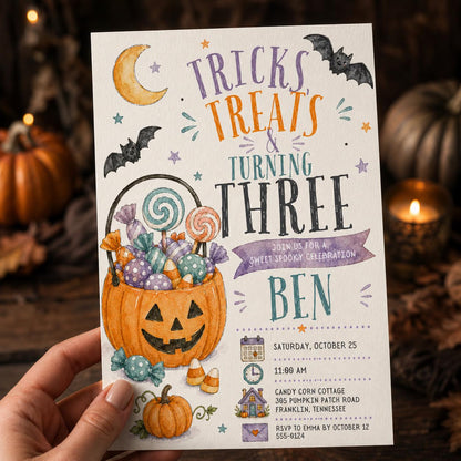 Watercolor Halloween 3rd Birthday Invitation — print-ready 3rd birthday party design from VoltBy