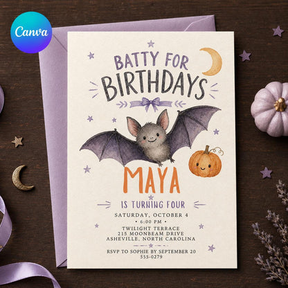 Watercolor Halloween 4th Birthday Invitation for Girls — editable Canva template
