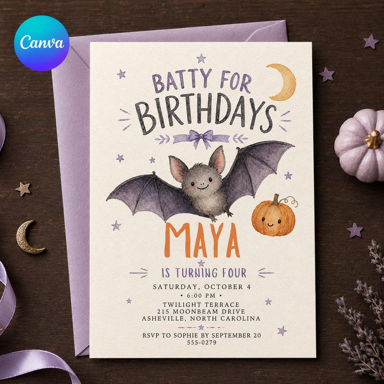 Watercolor Halloween 4th Birthday Invitation for Girls