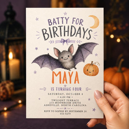 Watercolor Halloween 4th Birthday Invitation for Girls — invitation you personalize in Canva