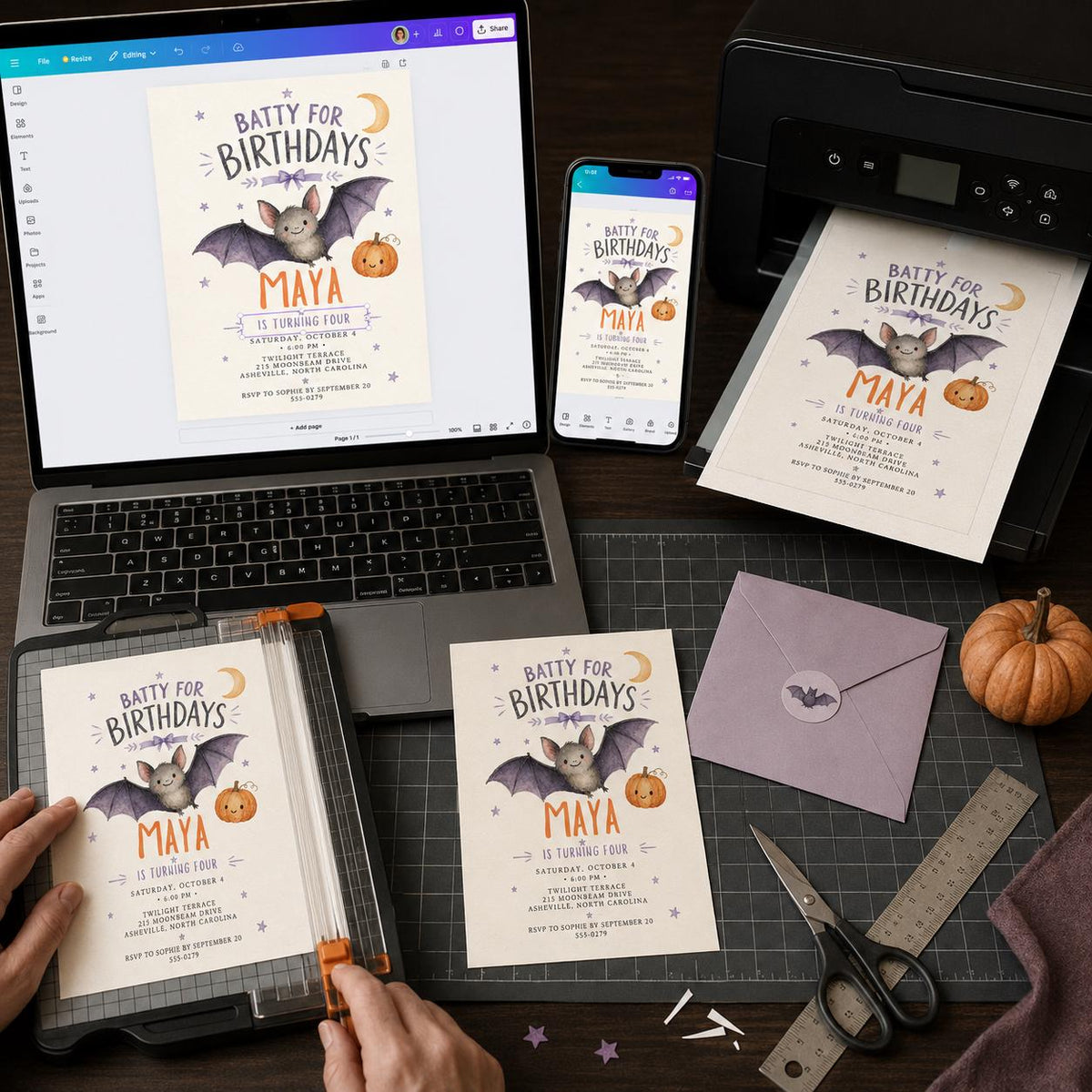 Watercolor Halloween 4th Birthday Invitation for Girls — print-ready 4th birthday party design from VoltBy