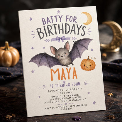 Watercolor Halloween 4th Birthday Invitation for Girls — digital invitation, instant download