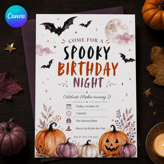 Watercolor Halloween Birthday Invitation: Spooky Birthday Night Party — editable Canva template