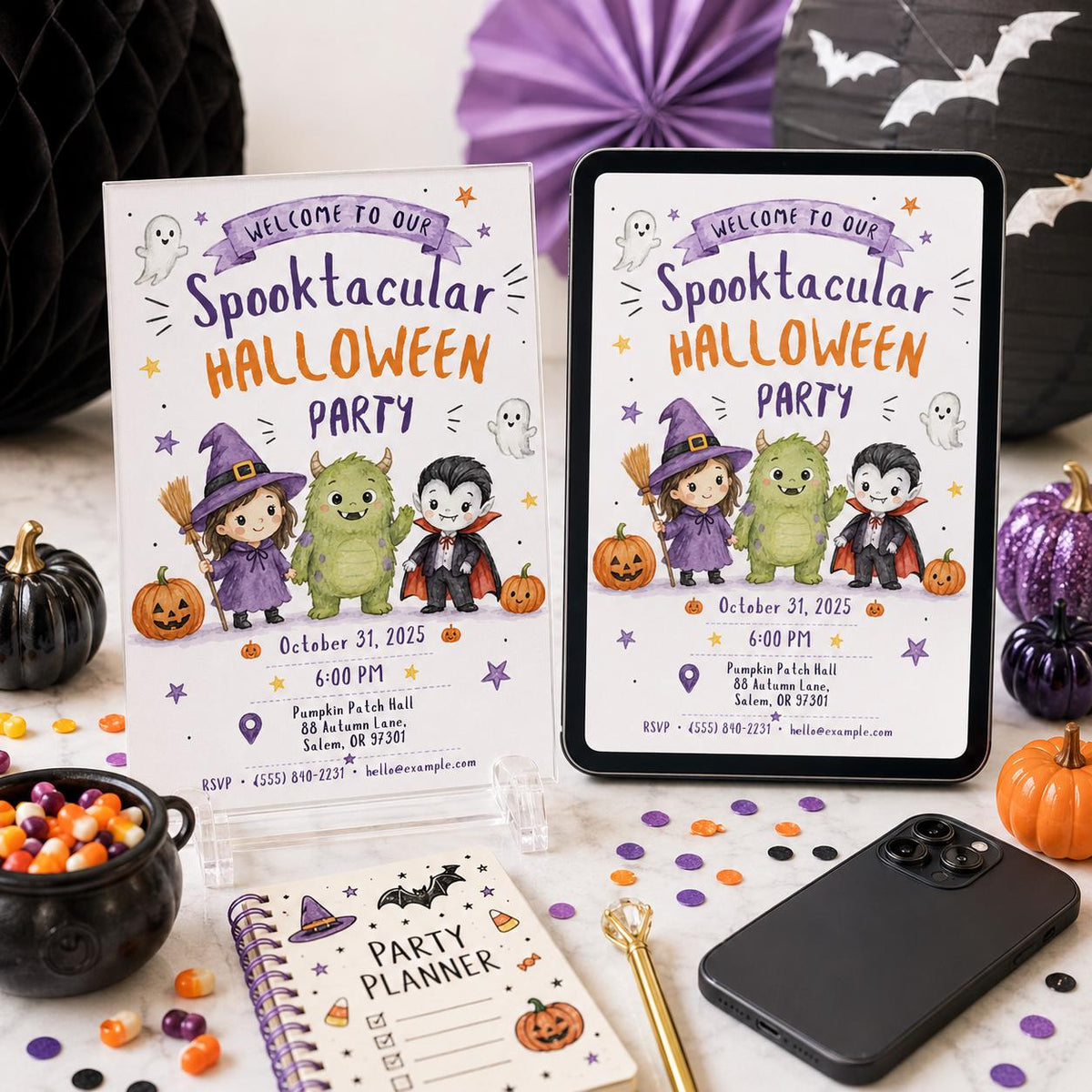 Watercolor Halloween Party Invitation — ghost and pumpkin design