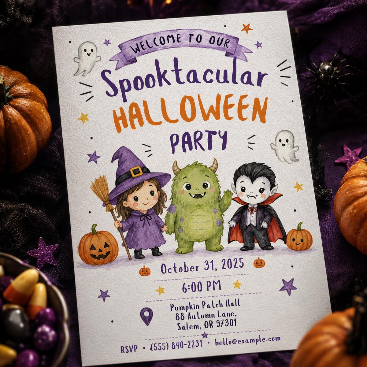 Watercolor Halloween Party Invitation — print-ready Halloween party design from VoltBy
