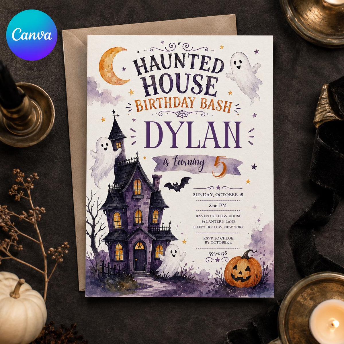 Watercolor Haunted House 5th Birthday Invitation — editable Canva template