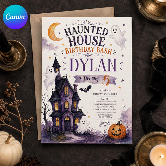 Watercolor Haunted House 5th Birthday Invitation — editable Canva template