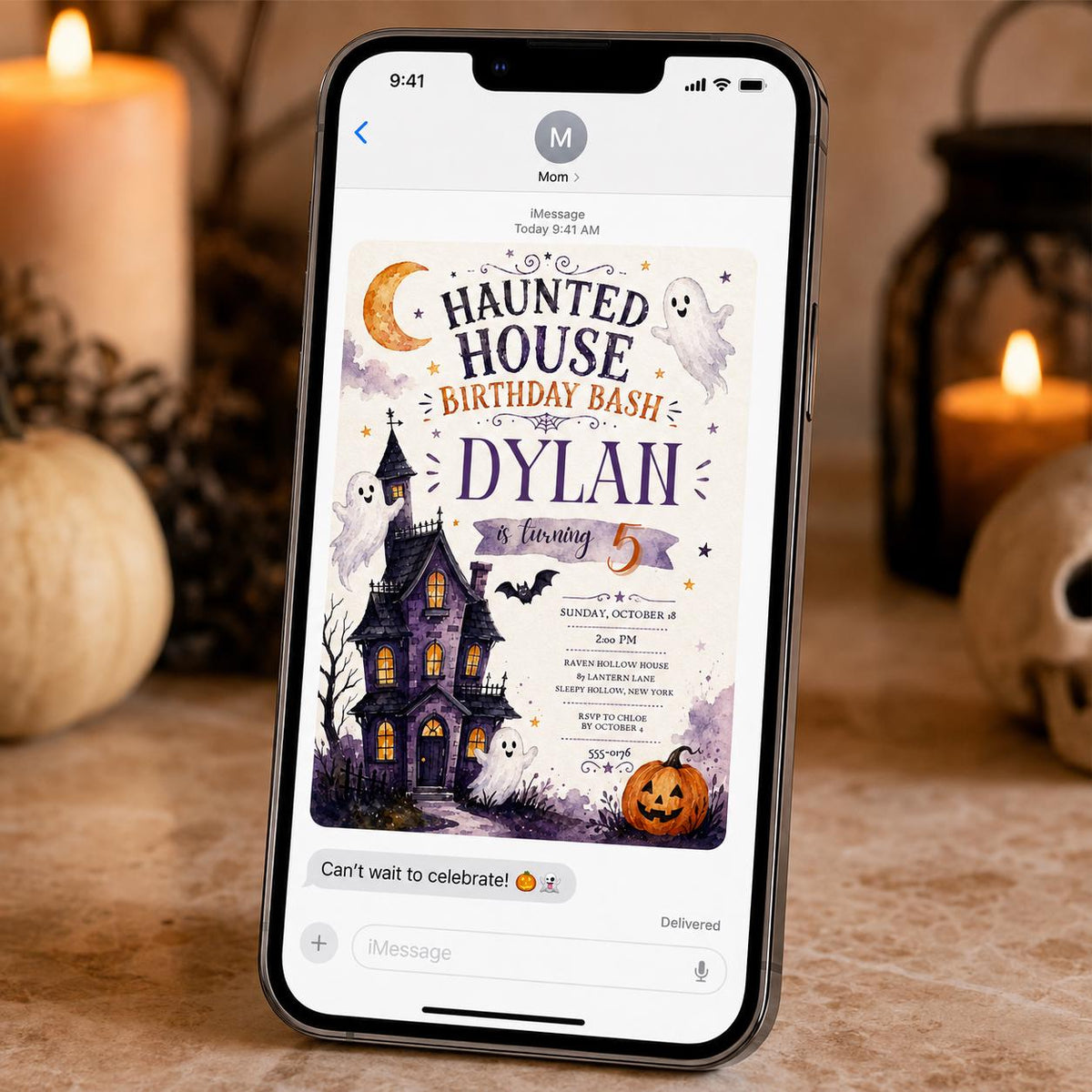 Watercolor Haunted House 5th Birthday Invitation — invitation you personalize in Canva