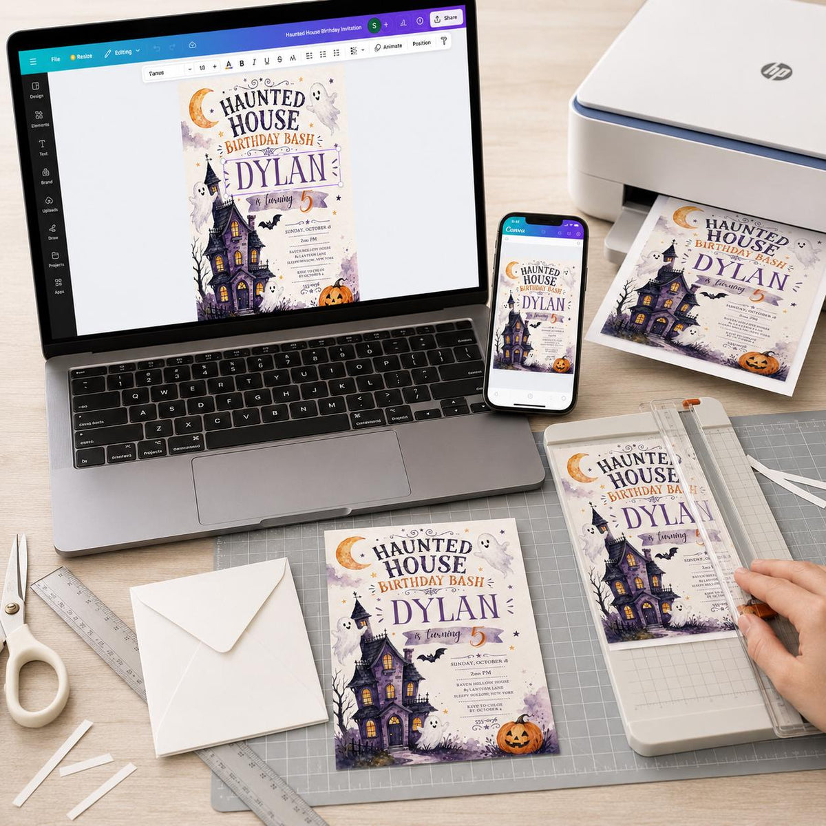Watercolor Haunted House 5th Birthday Invitation — digital invitation, instant download