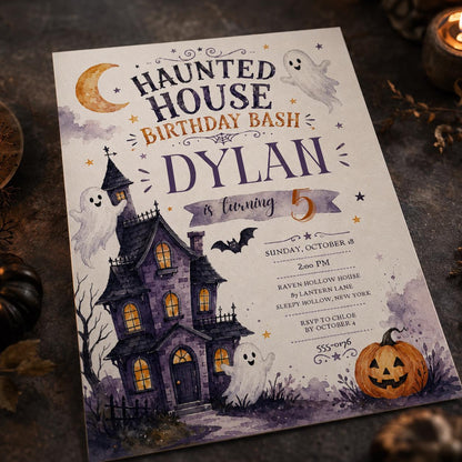 Watercolor Haunted House 5th Birthday Invitation — 5th birthday party stationery by VoltBy